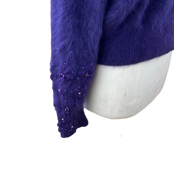 Vintage Angora Wool Sweater Purple Embroidered Flower Gems Dark Fairycore-L - Picture 8 of 14